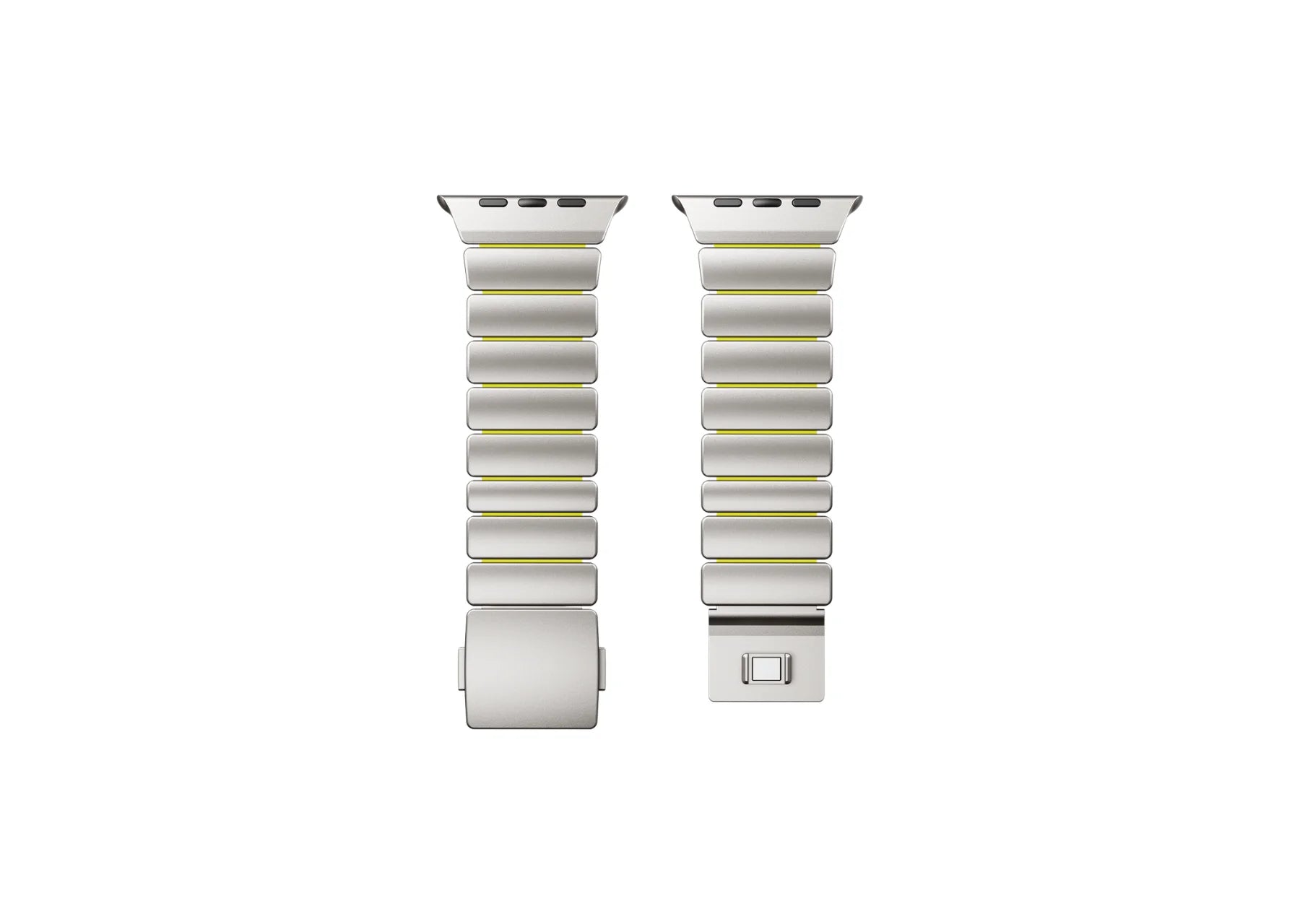 Multiple views of the Silver & Green Titanium Fusion Apple Watch Strap highlighting titanium construction, magnetic clasp and premium silicone comfort