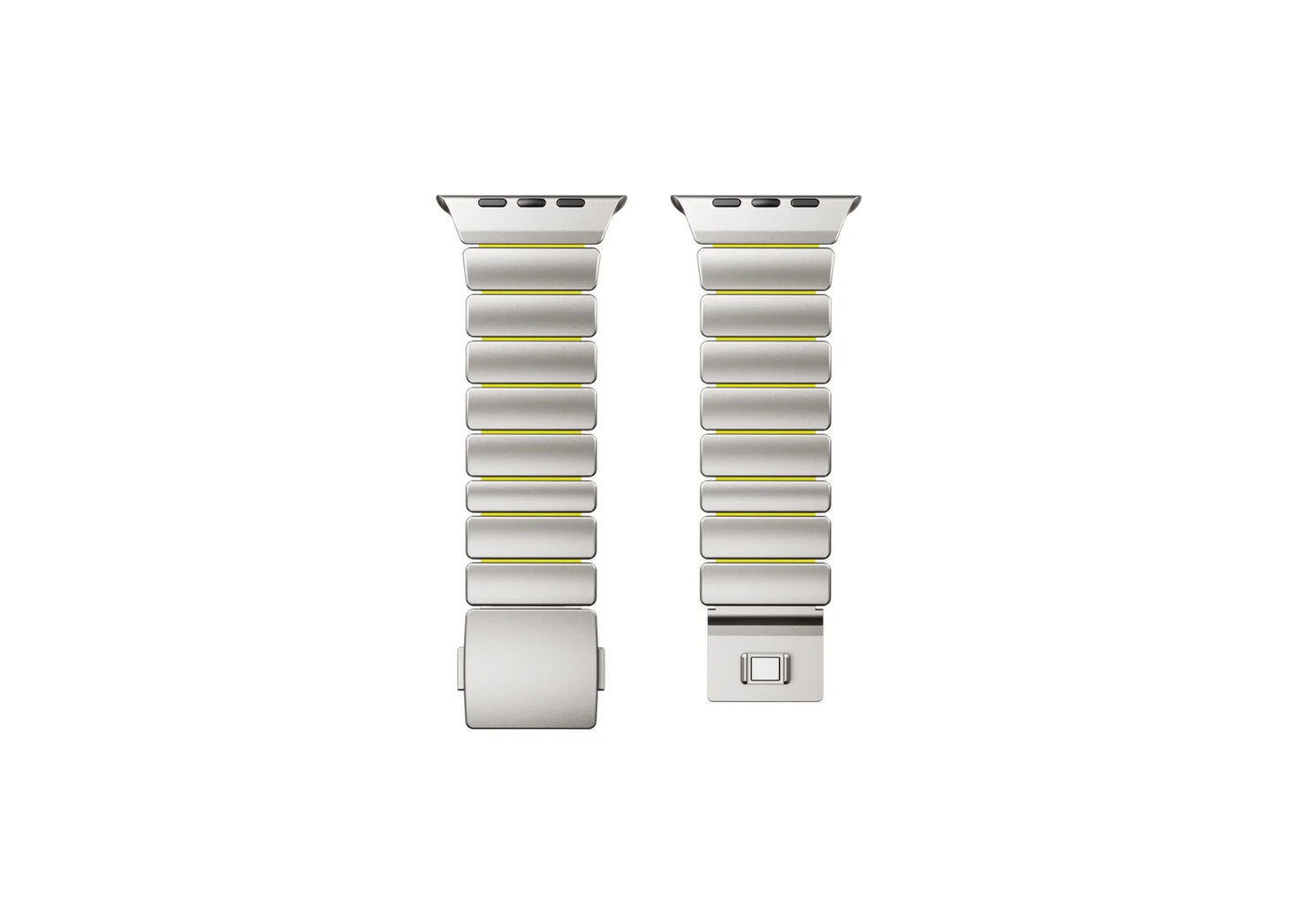 Multiple views of the Silver & Green Titanium Fusion Apple Watch Strap highlighting titanium construction, magnetic clasp and premium silicone comfort