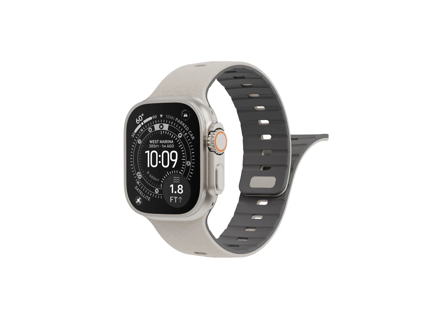 Back view of cream SnapBand silicone Apple Watch strap showing the grey inner lining, ventilation slots and secure magnetic pin closure