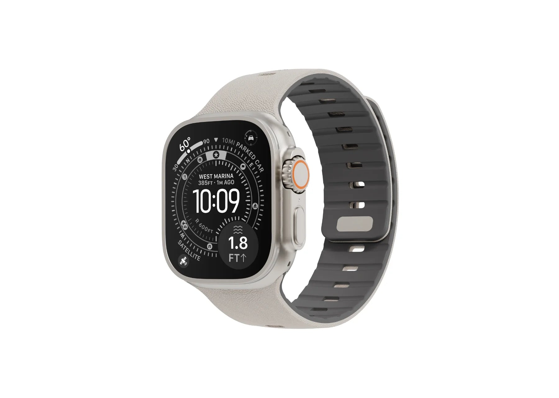 Apple Watch Ultra with cream and grey SnapBand silicone strap featuring a premium leather-like textured finish