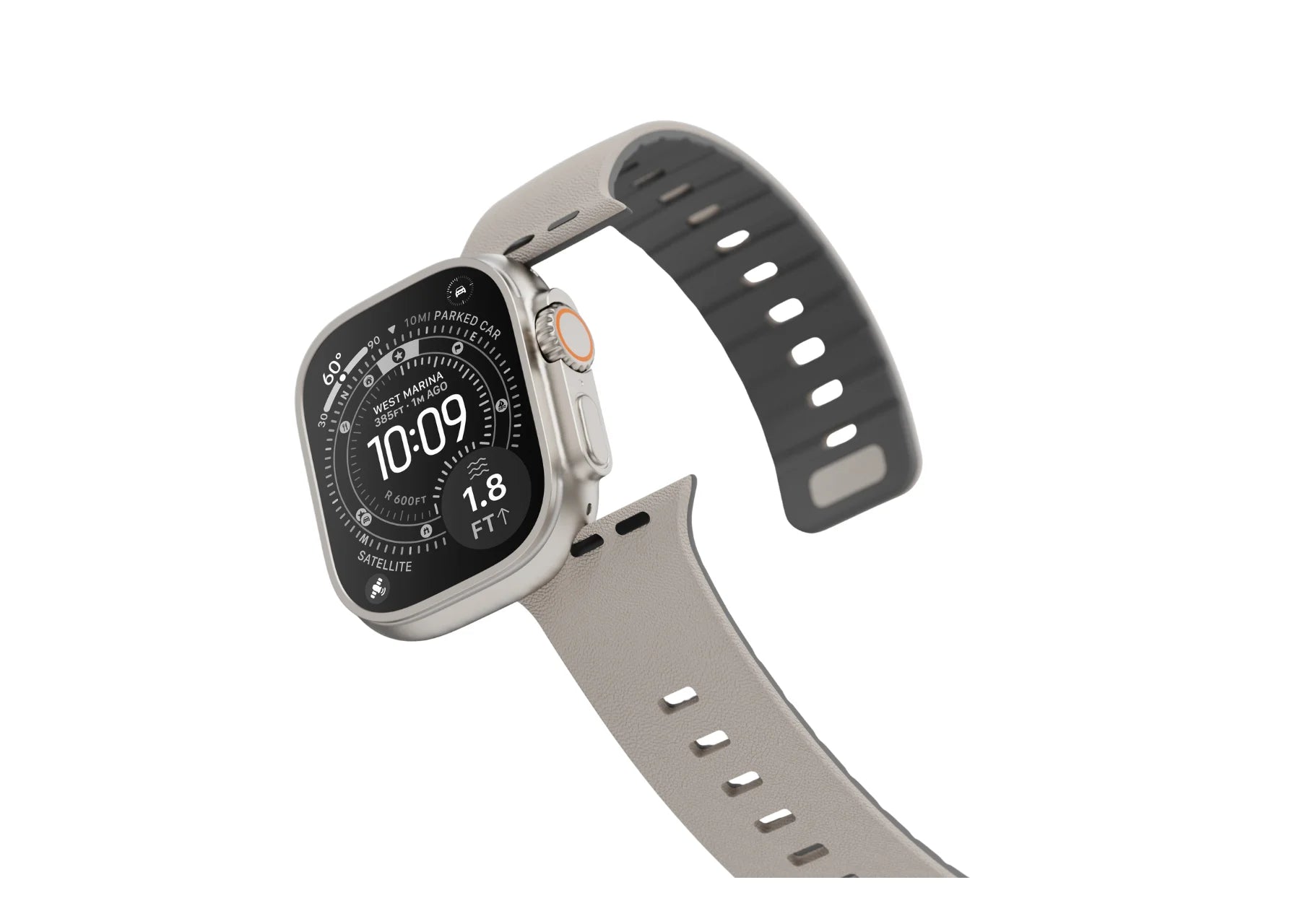 cream SnapBand leather-textured silicone Apple Watch band shown in a clean product view with adjustable closure holes