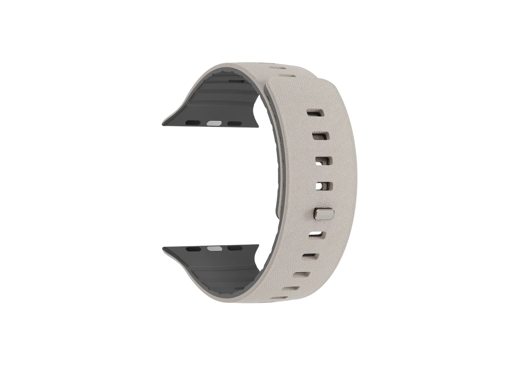 Detailed view of SnapBand cream and grey silicone Apple Watch strap showing the leather-like exterior texture and inner grip pattern