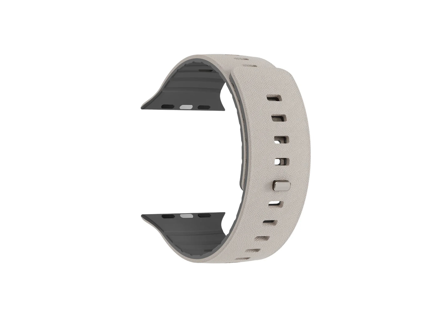 Detailed view of SnapBand cream and grey silicone Apple Watch strap showing the leather-like exterior texture and inner grip pattern