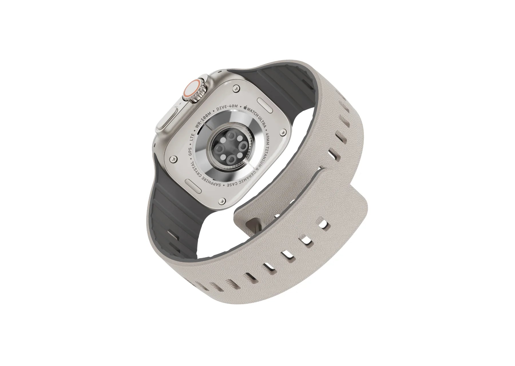 cream grey SnapBand silicone strap shown with Apple Watch Ultra, featuring a leather-like texture, black inner lining and magnetic closure