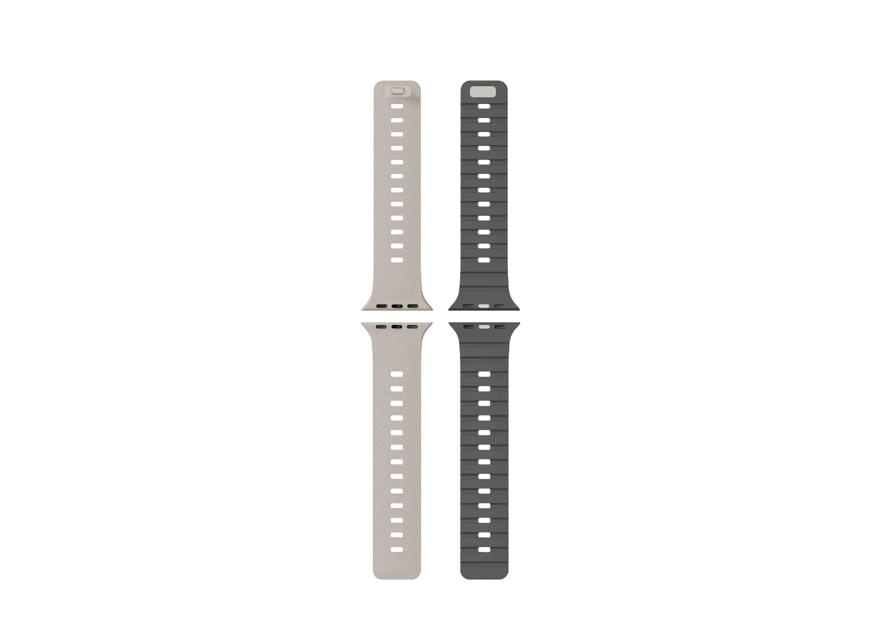 Side view of an Apple Watch Ultra with cream SnapBand silicone strap and grey textured inner lining