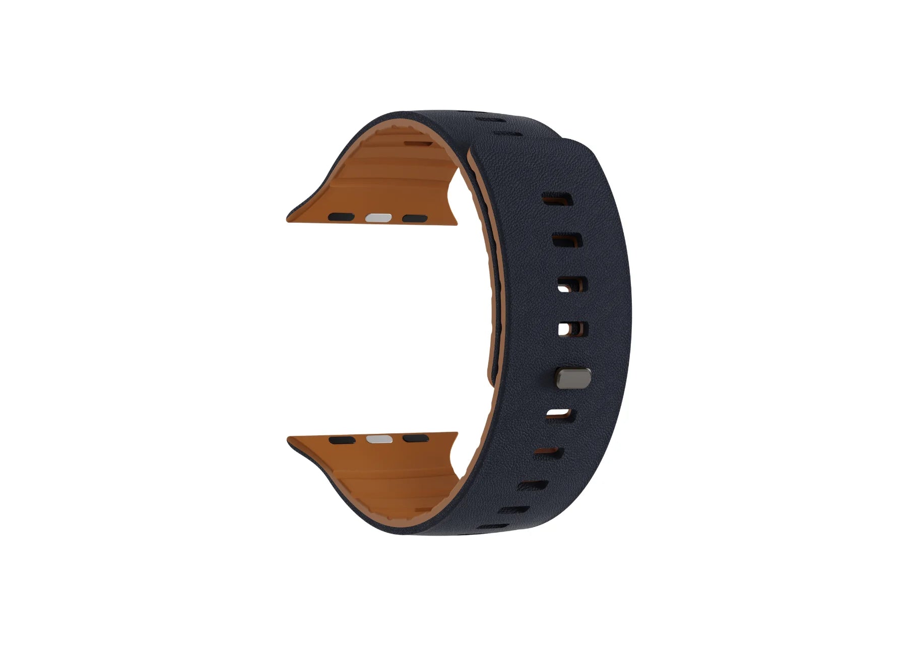 Navy blue and brown magnetic Apple Watch strap displayed without a watch, showing the textured outer surface, brown silicone interior and adjustment holes