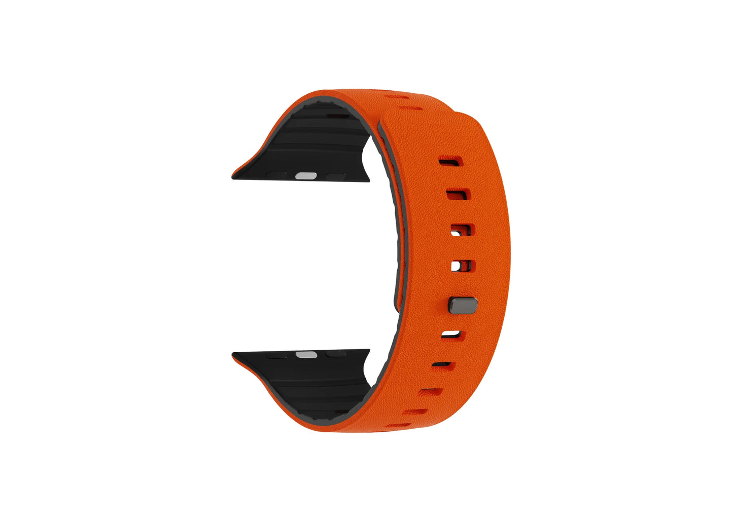 Detailed view of SnapBand orange and black silicone Apple Watch strap showing the leather-like exterior texture and inner grip pattern