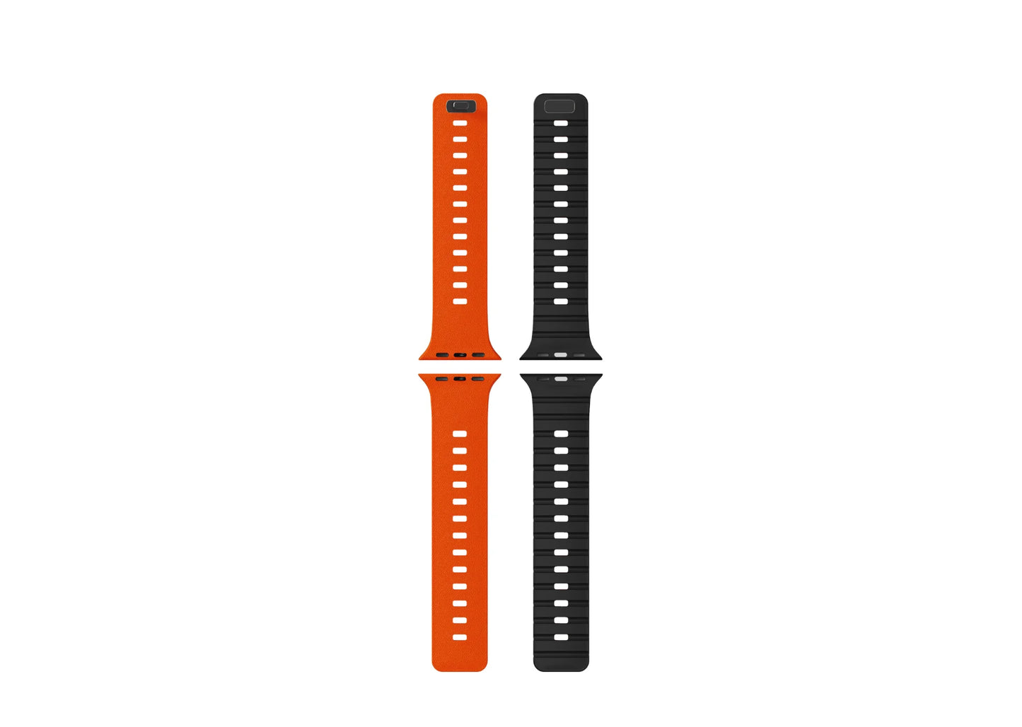 Side view of an Apple Watch Ultra with orange SnapBand silicone strap and black textured inner lining
