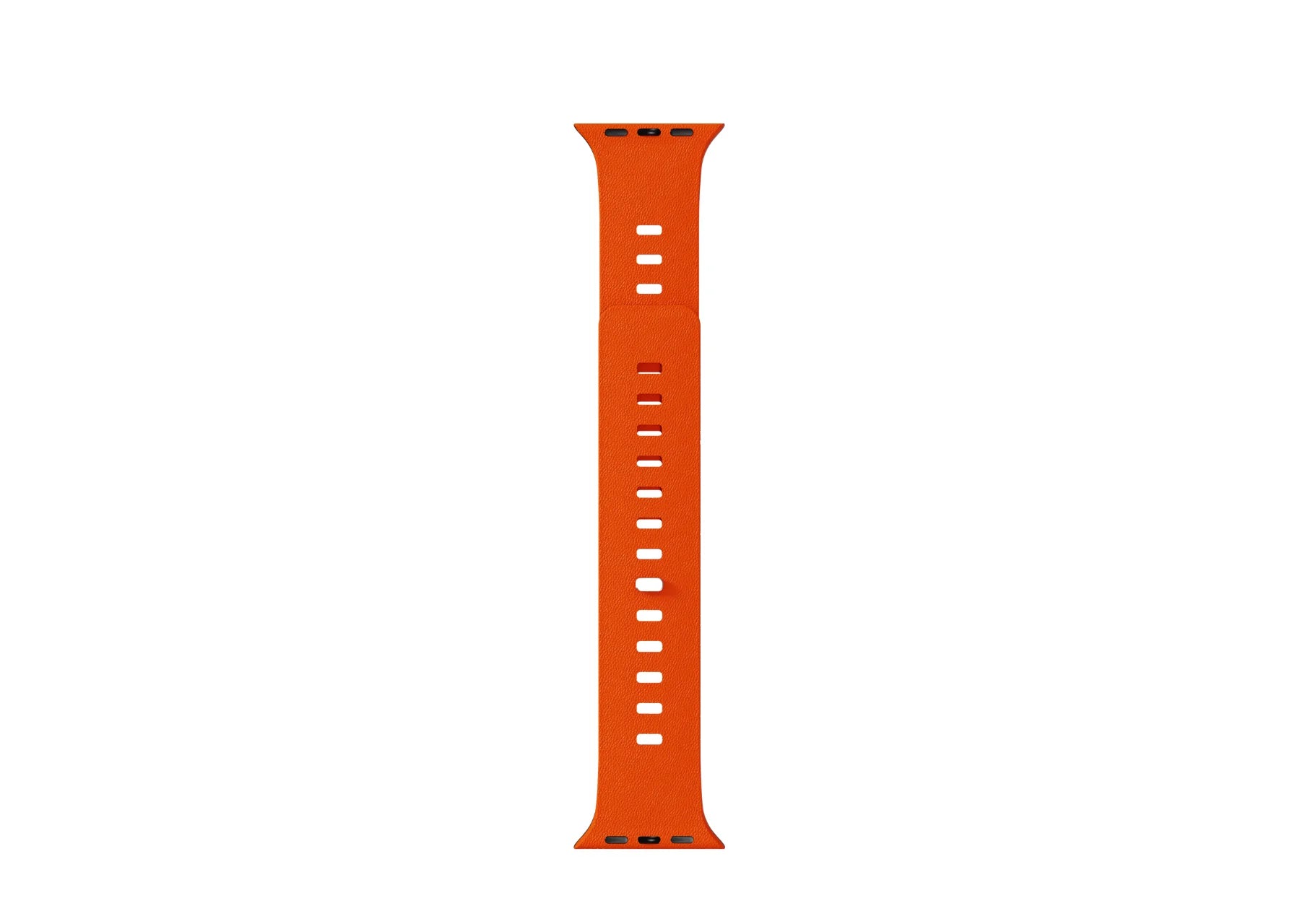 Orange SnapBand Apple Watch strap showing the leather-textured silicone exterior and integrated magnetic pin closure