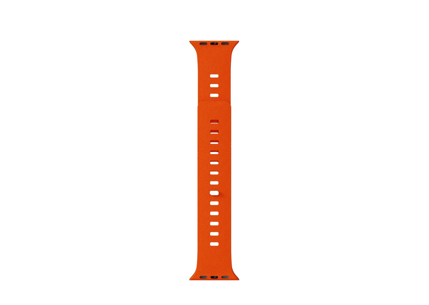 Orange SnapBand Apple Watch strap showing the leather-textured silicone exterior and integrated magnetic pin closure