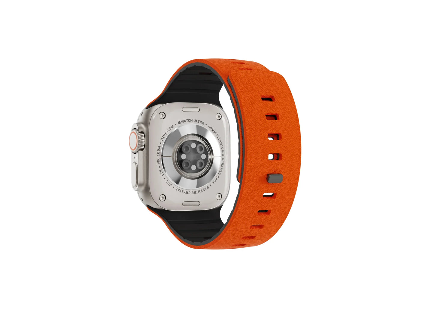 Orange SnapBand leather-textured silicone Apple Watch strap with black inner lining and magnetic pin closure