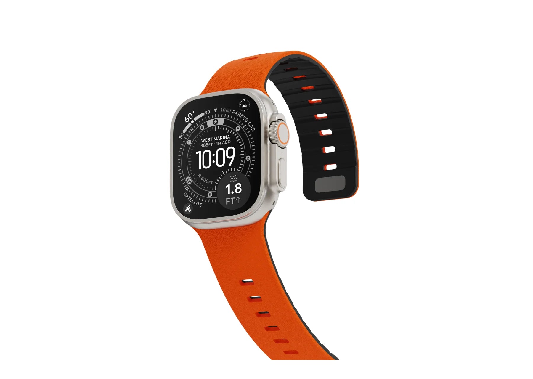 Orange SnapBand silicone Apple Watch strap featuring a premium leather-like texture and adjustable perforated design