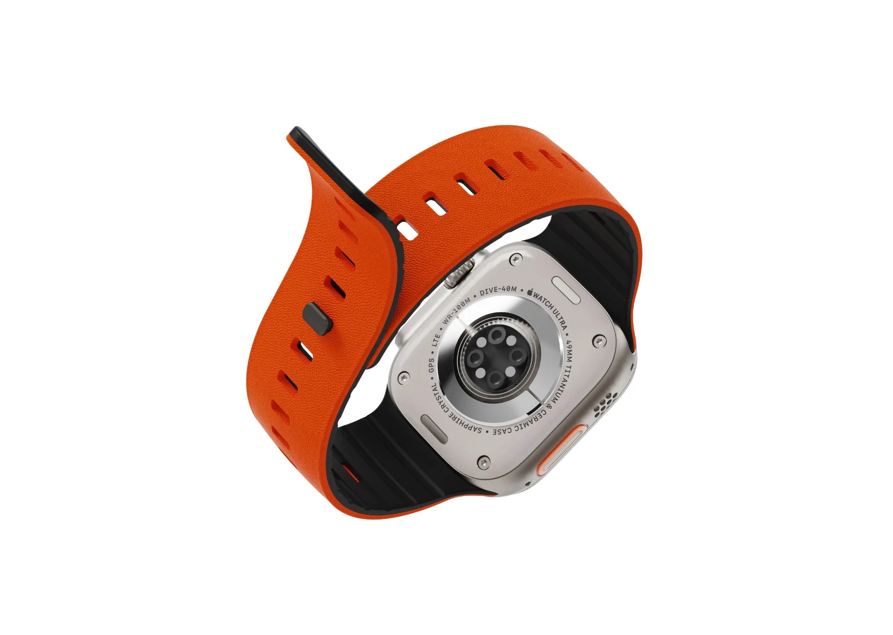 Apple Watch Ultra fitted with an orange SnapBand silicone band showing the leather-textured exterior, black inner lining and secure pin closure