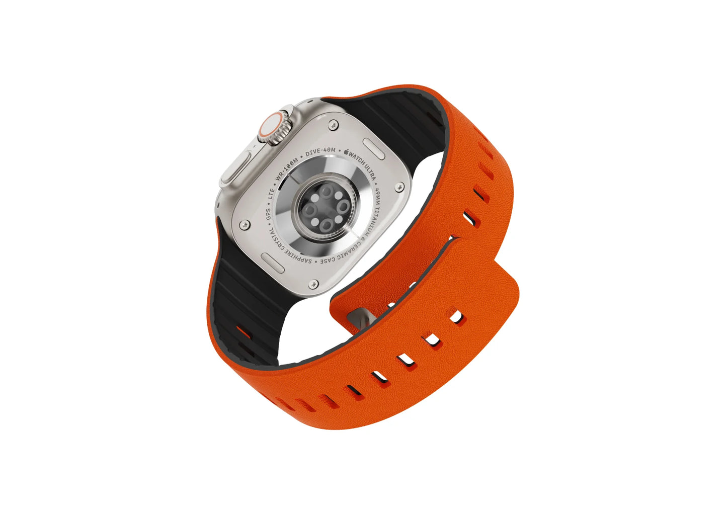 Orange SnapBand silicone strap shown with Apple Watch Ultra, featuring a leather-like texture, black inner lining and magnetic closure