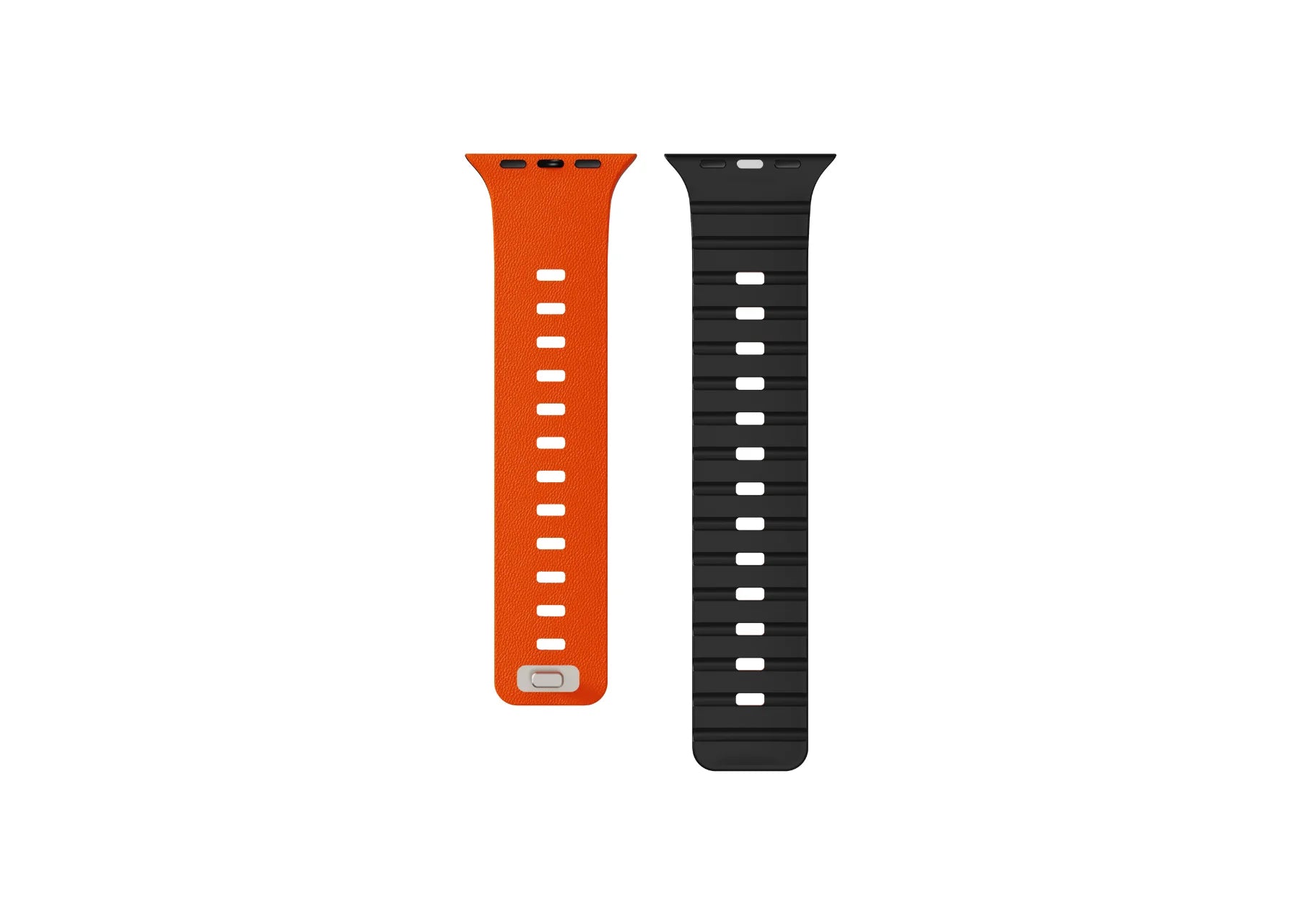Orange and black SnapBand silicone Apple Watch straps displayed together, highlighting the leather-like textured finish and adjustable design