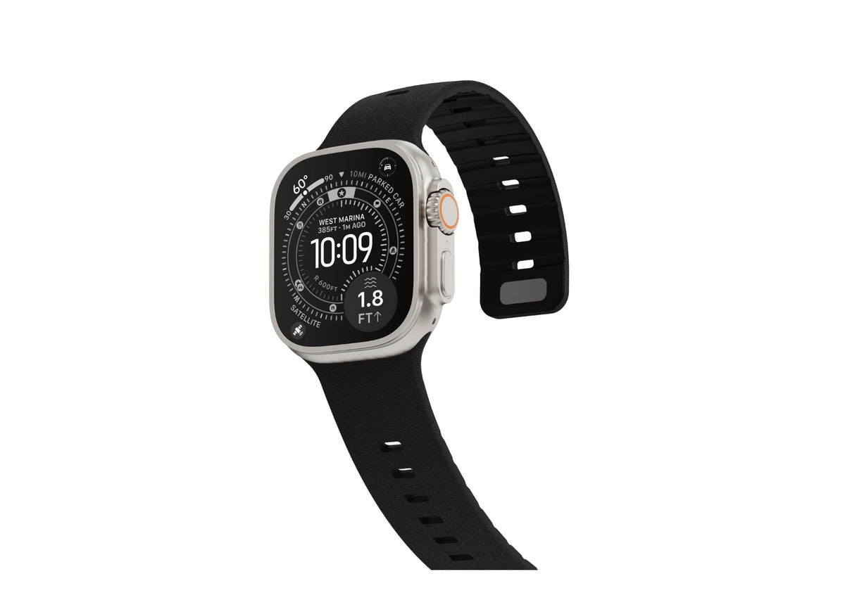 Black textured silicone Apple Watch strap fitted on Apple Watch Ultra in a front angled view