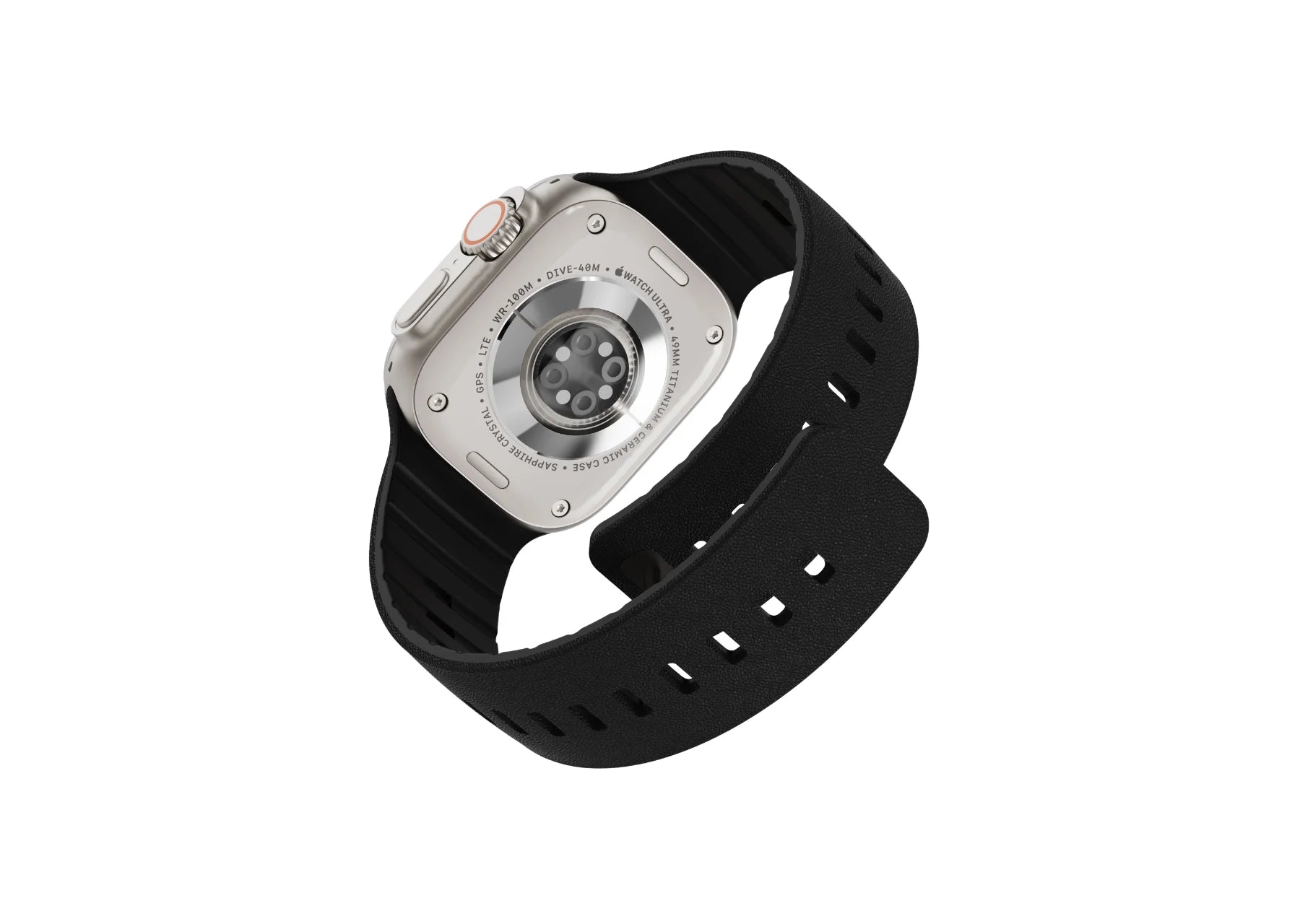 Black textured silicone Apple Watch strap fitted on Apple Watch Ultra, shown from an angled rear view