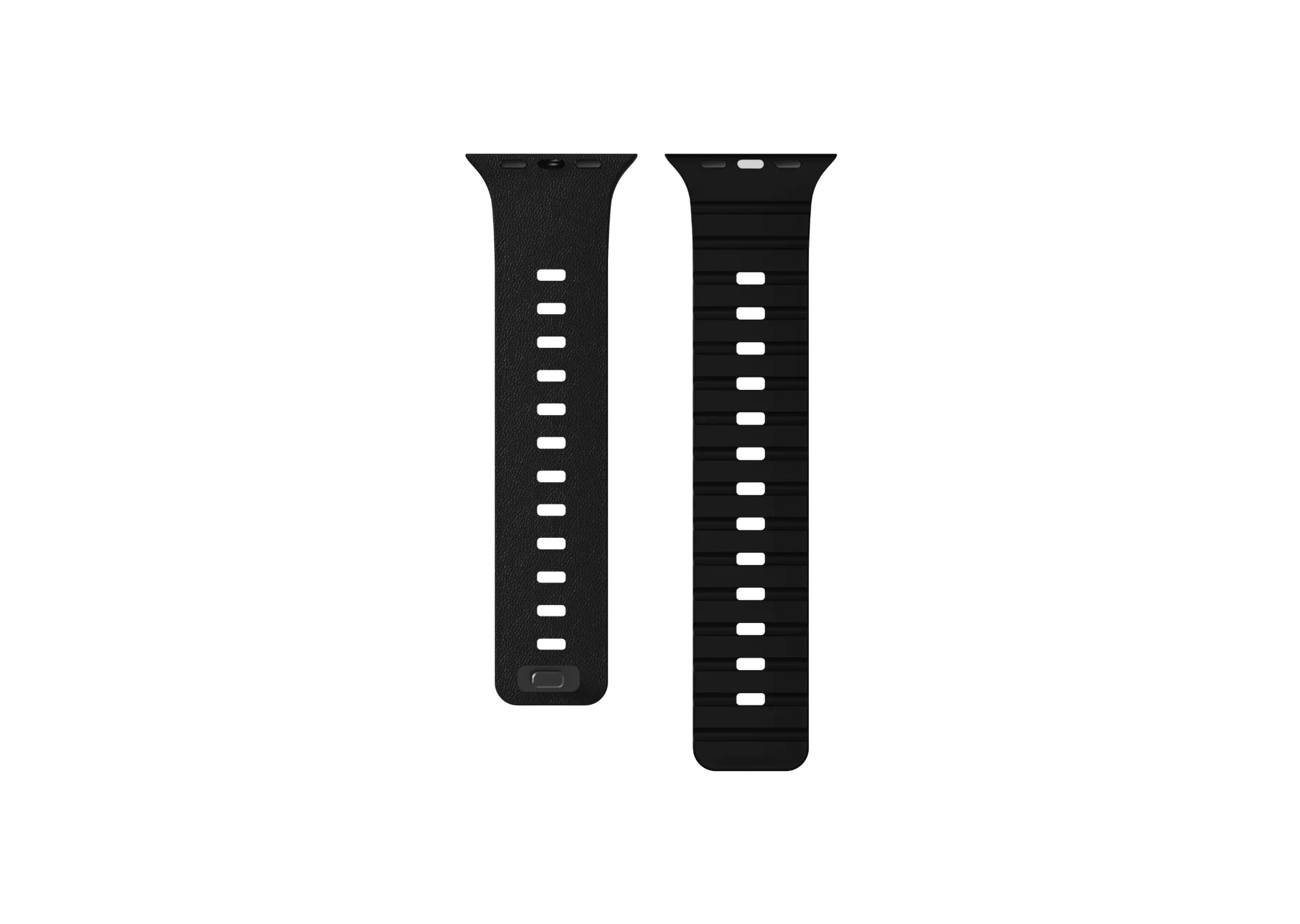 Black Apple Watch strap components showing the textured outer surface and ribbed inner silicone lining