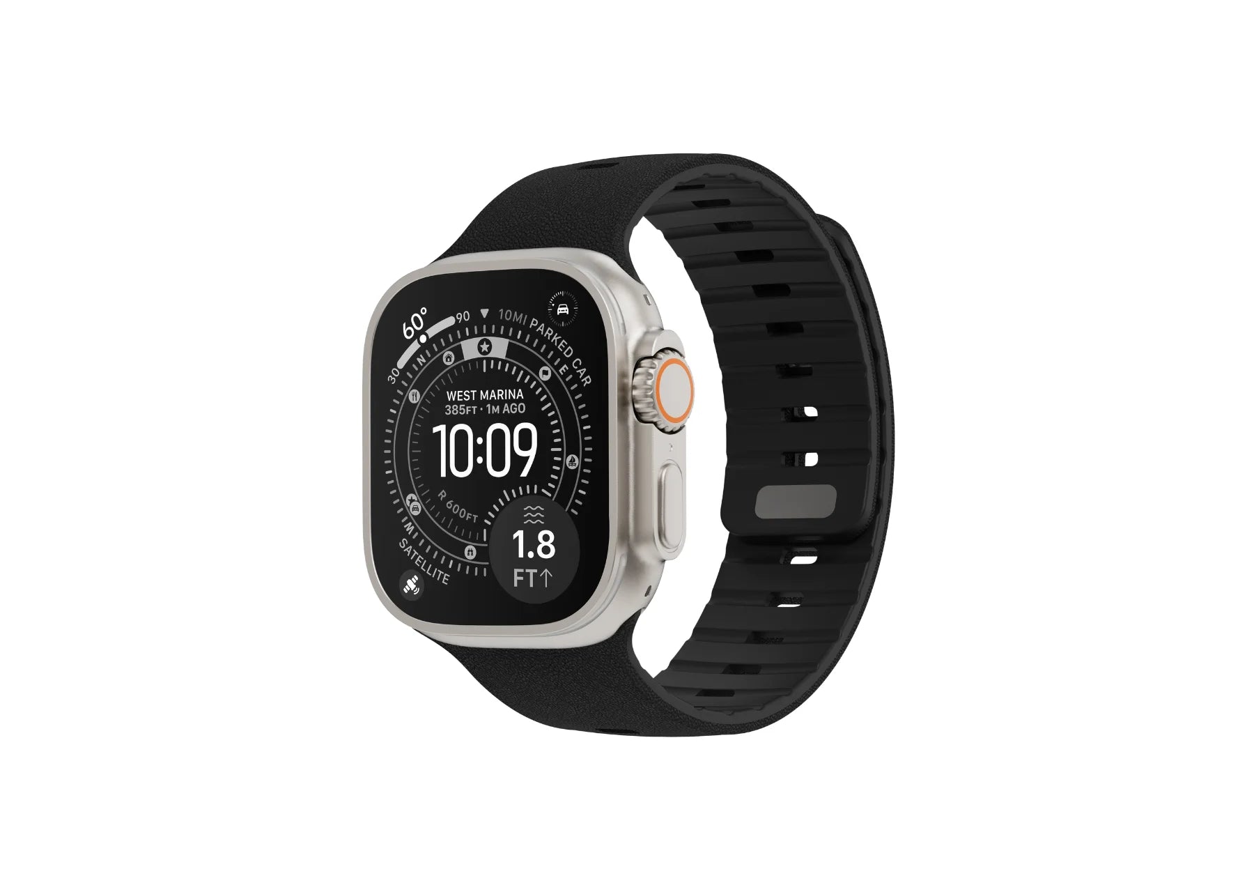 Black Apple Watch strap fitted on Apple Watch Ultra, showing the textured silicone finish and magnetic closure