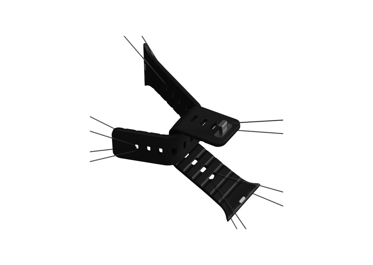 Full-length black magnetic Apple Watch strap showing the textured exterior and adjustable fastening holes