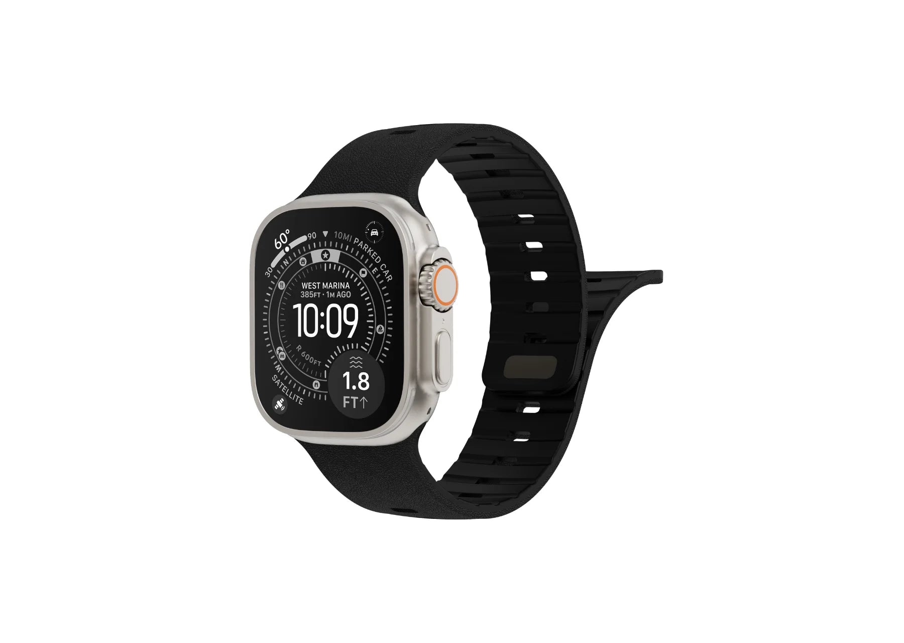 Apple Watch Ultra with black textured silicone strap shown from the rear with adjustable magnetic fastening