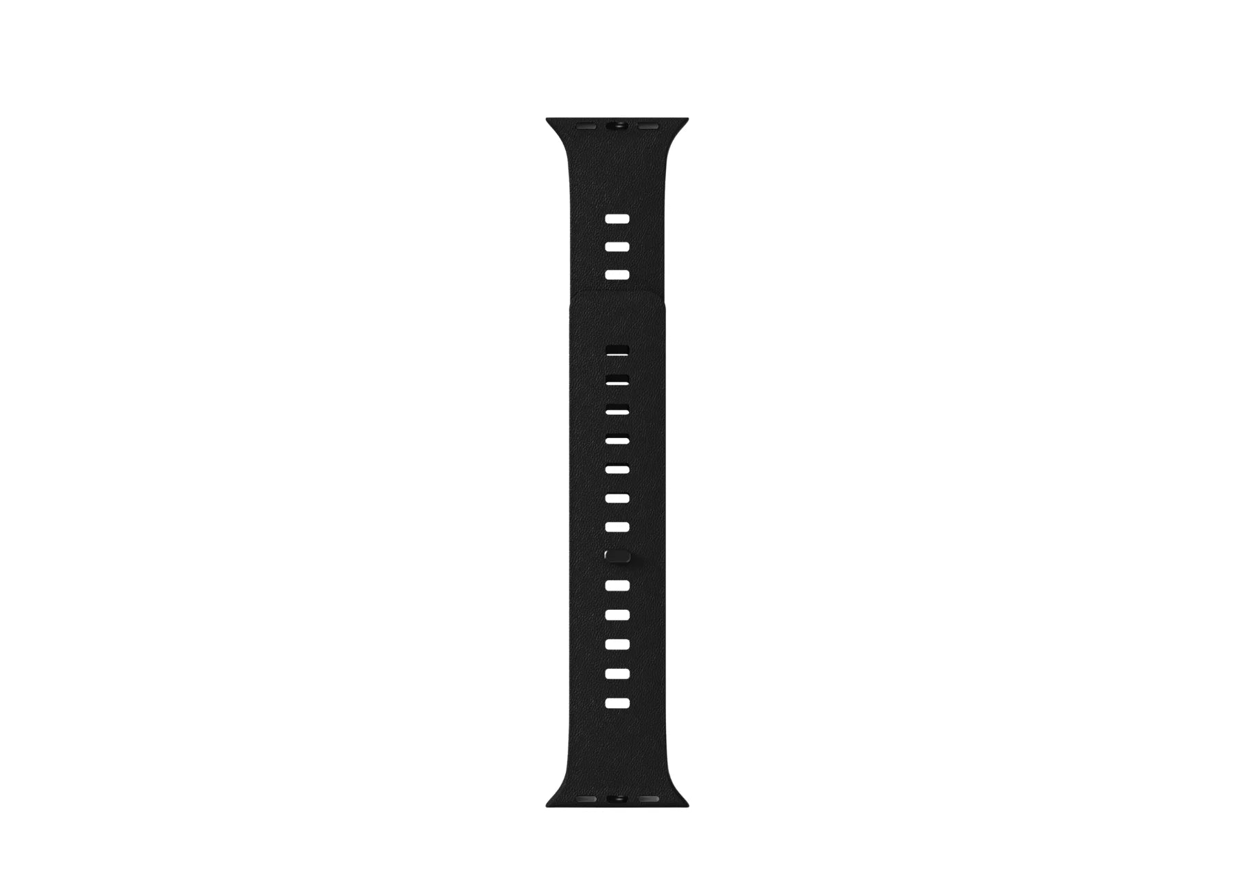 Black Apple Watch strap shown as separate band pieces with textured silicone construction and magnetic closure