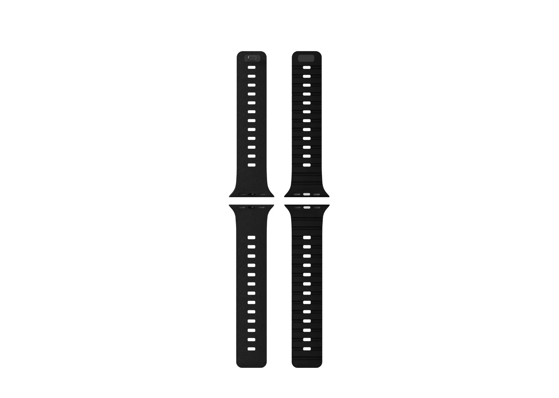 Black magnetic Apple Watch strap showing the magnetic closure mechanism and adjustable fastening holes