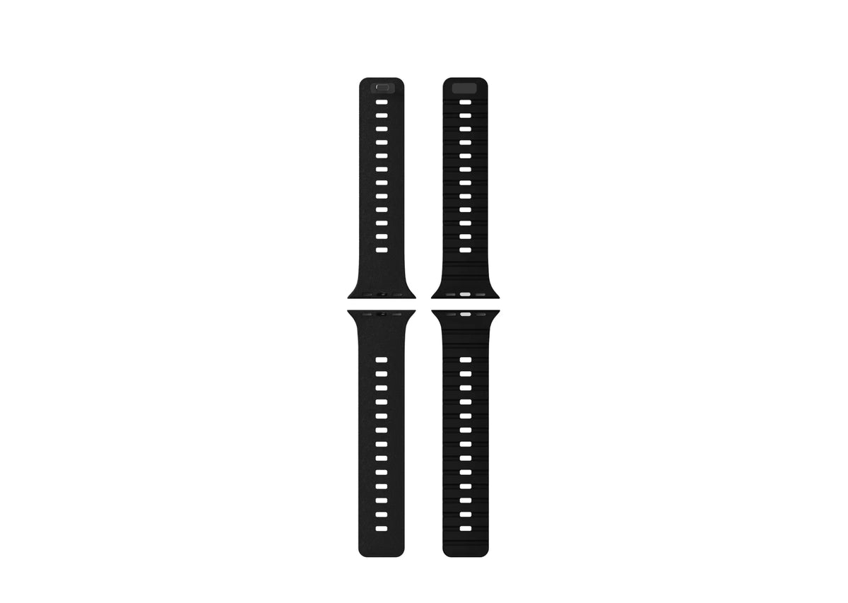 Black magnetic Apple Watch strap showing the magnetic closure mechanism and adjustable fastening holes
