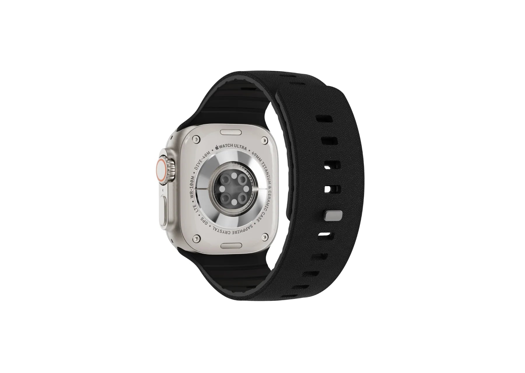 Black magnetic Apple Watch strap fitted on Apple Watch Ultra, showing the textured silicone exterior and rear view