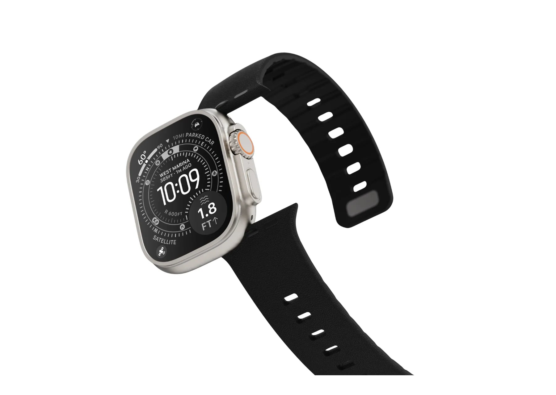 Apple Watch Ultra with black magnetic silicone strap shown from an angled side view