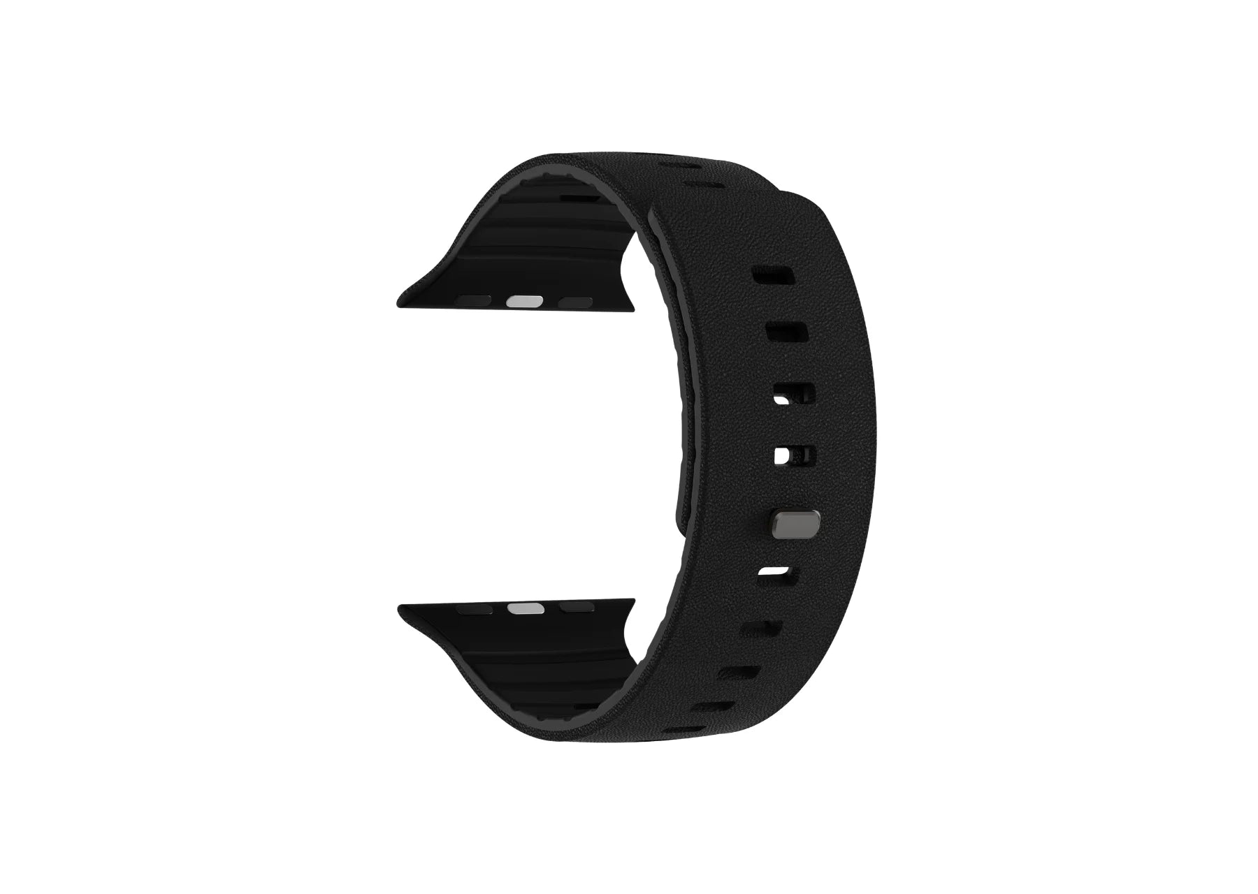 Black magnetic silicone Apple Watch strap showing the textured outer surface, adjustment holes and magnetic closure