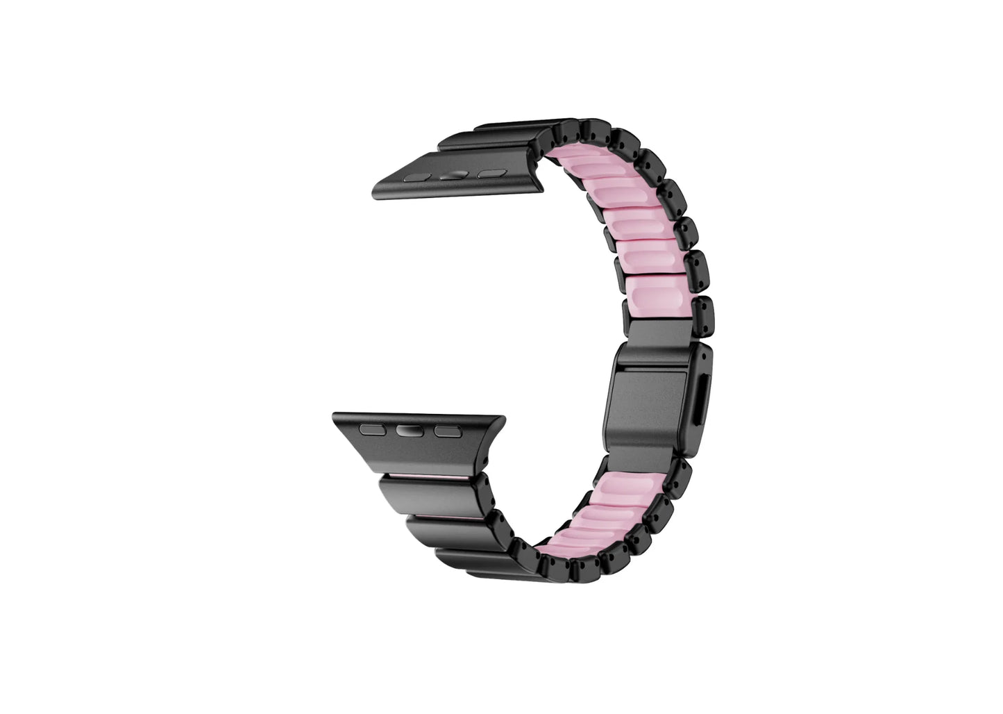 Perspective view of the black Fusion Apple Watch strap with pink silicone comfort lining and butterfly clasp shown open, offering a secure fit and premium finish for Apple Watch Ultra and Series 11.