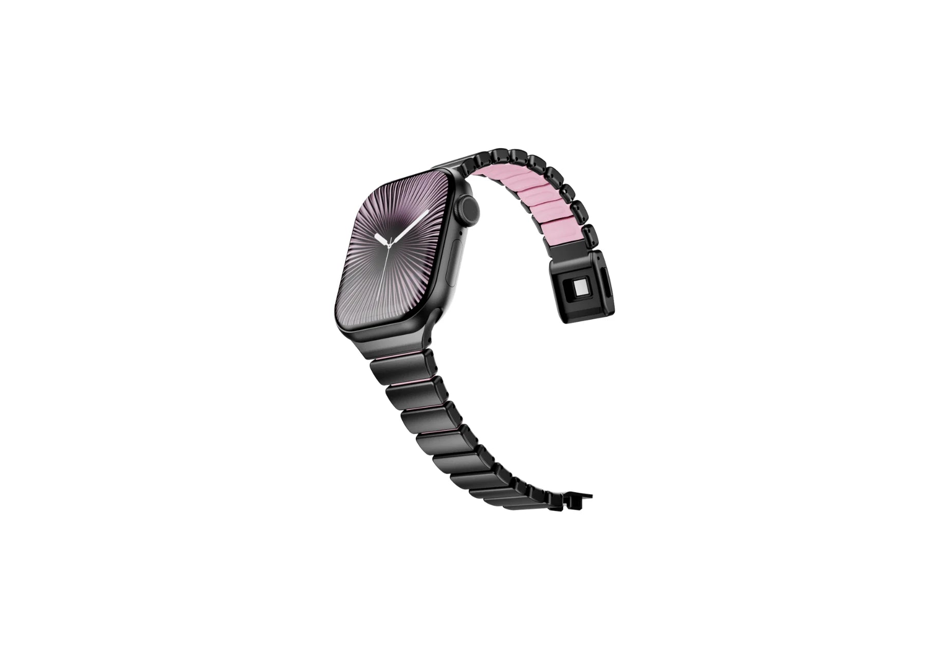 Close-up of the premium butterfly deployment clasp on the black stainless steel Apple Watch strap featuring precision locking mechanism, matte black finish and durable construction.