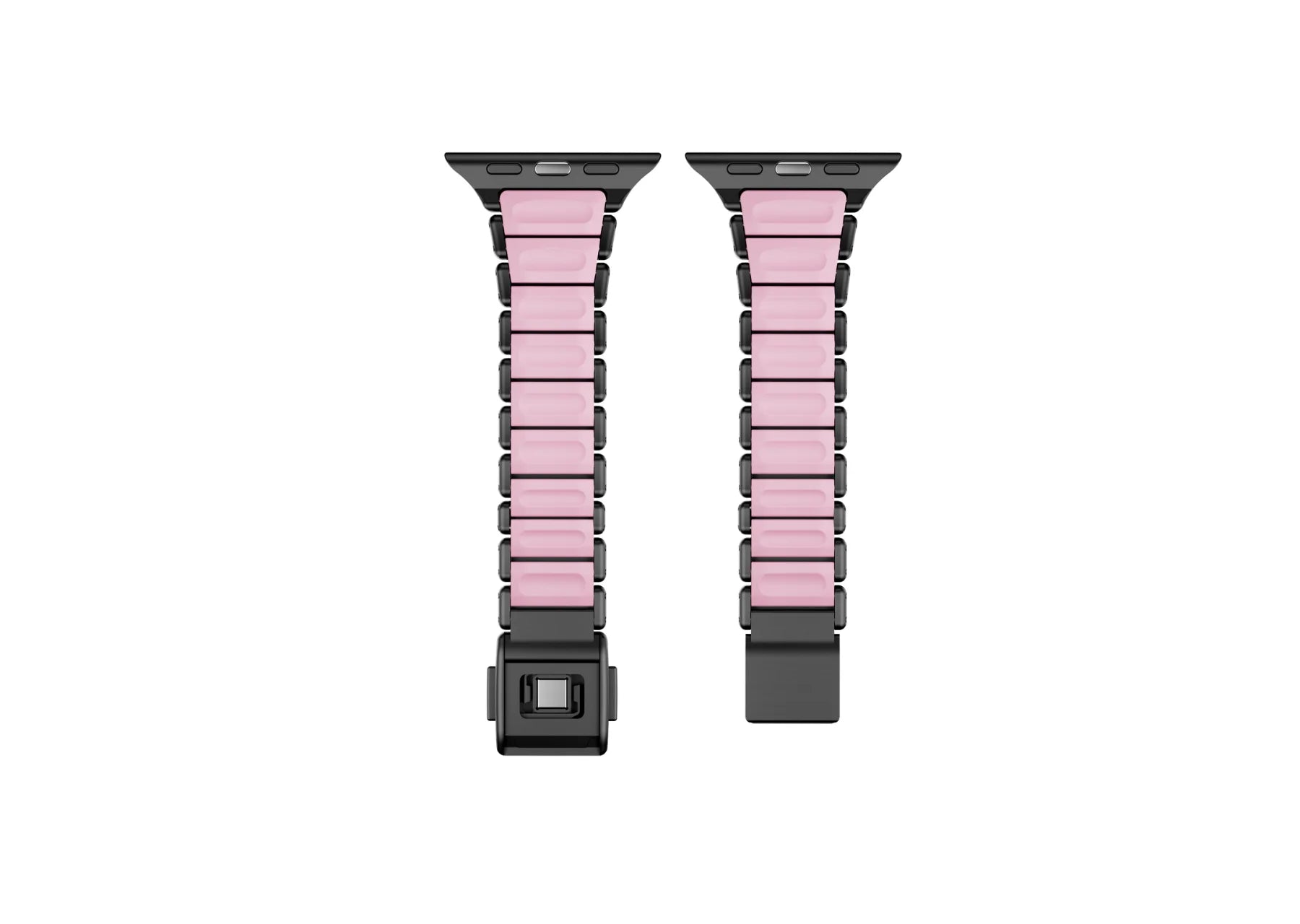 Detailed close-up of the butterfly clasp on the black and pink Apple Watch strap showcasing premium stainless steel craftsmanship, precision engineering and secure locking mechanism.