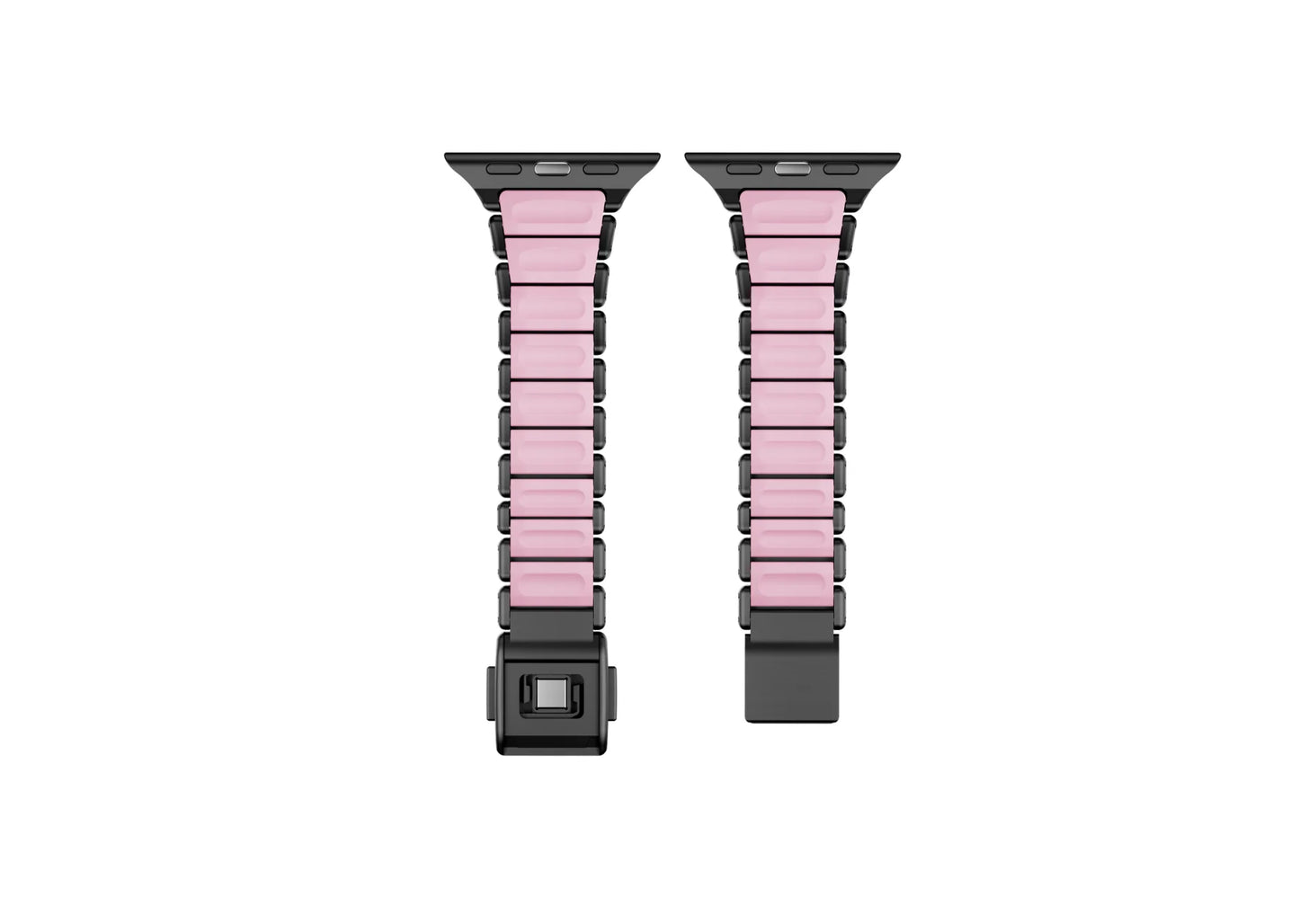 Detailed close-up of the butterfly clasp on the black and pink Apple Watch strap showcasing premium stainless steel craftsmanship, precision engineering and secure locking mechanism.
