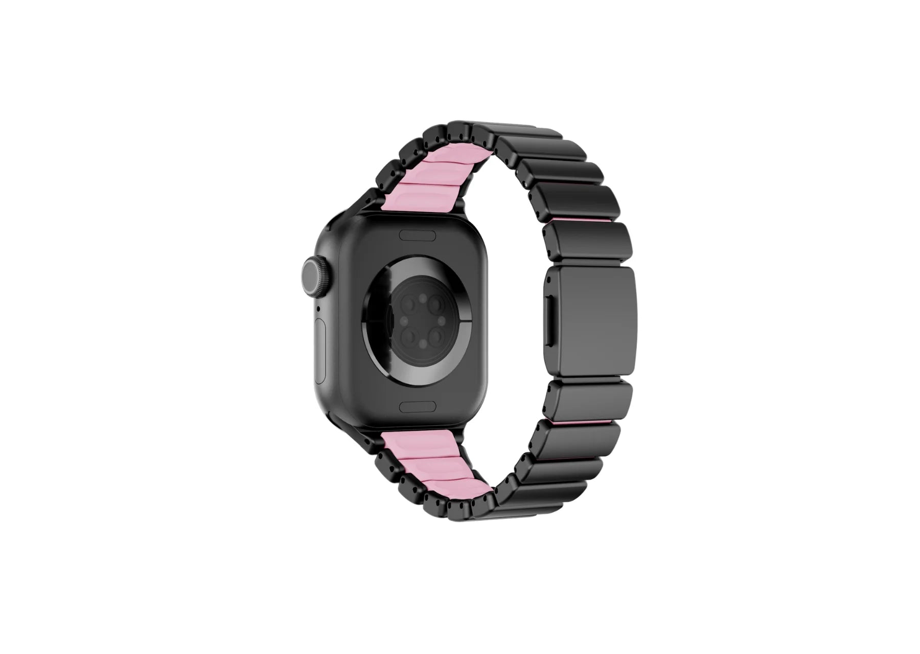 Front view of the black and pink Fusion stainless steel Apple Watch strap featuring elegant matte black metal links and feminine styling, compatible with Apple Watch Ultra 3, Ultra 2, Series 11, Series 10 and Apple Watch SE.