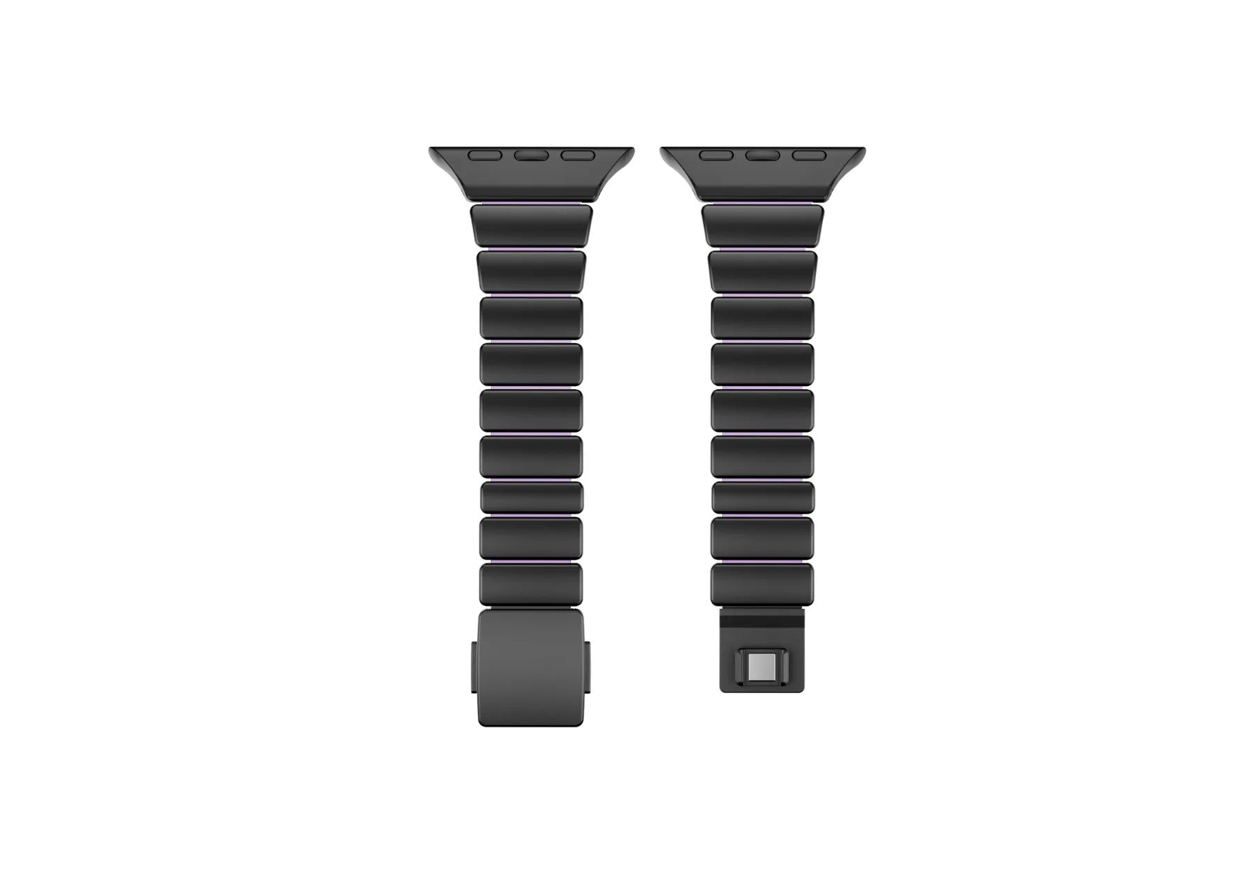 Interior view of the black and purple stainless steel Apple Watch strap showing soft lavender silicone lining for superior comfort, sweat resistance and everyday wear for Apple Watch Ultra, Series 11, Series 10 and Apple Watch SE.