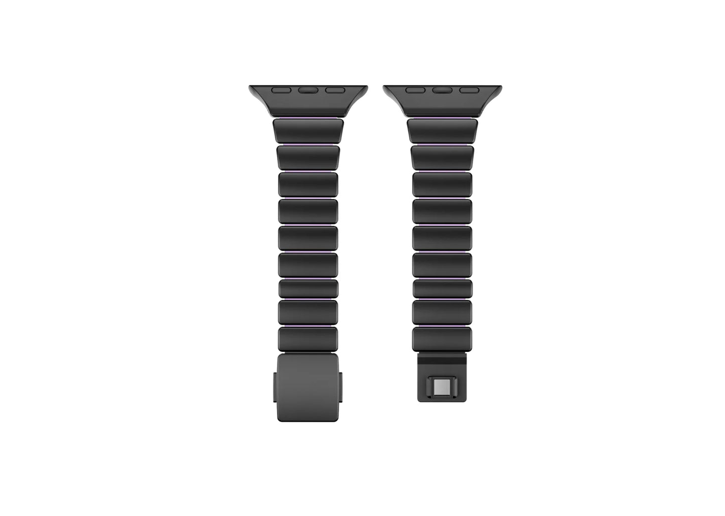 Interior view of the black and purple stainless steel Apple Watch strap showing soft lavender silicone lining for superior comfort, sweat resistance and everyday wear for Apple Watch Ultra, Series 11, Series 10 and Apple Watch SE.