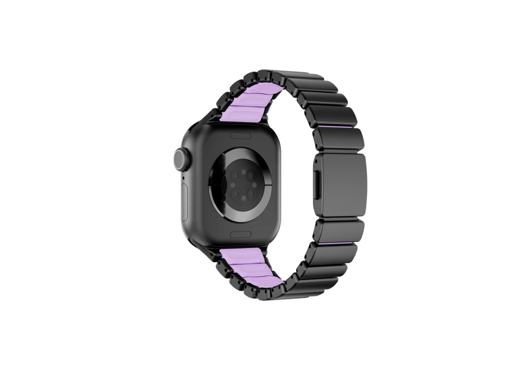 Exterior view of the black and purple Fusion Apple Watch band featuring premium stainless steel links with an elegant matte black finish and butterfly deployment clasp for women, compatible with Apple Watch Ultra and Series 11.