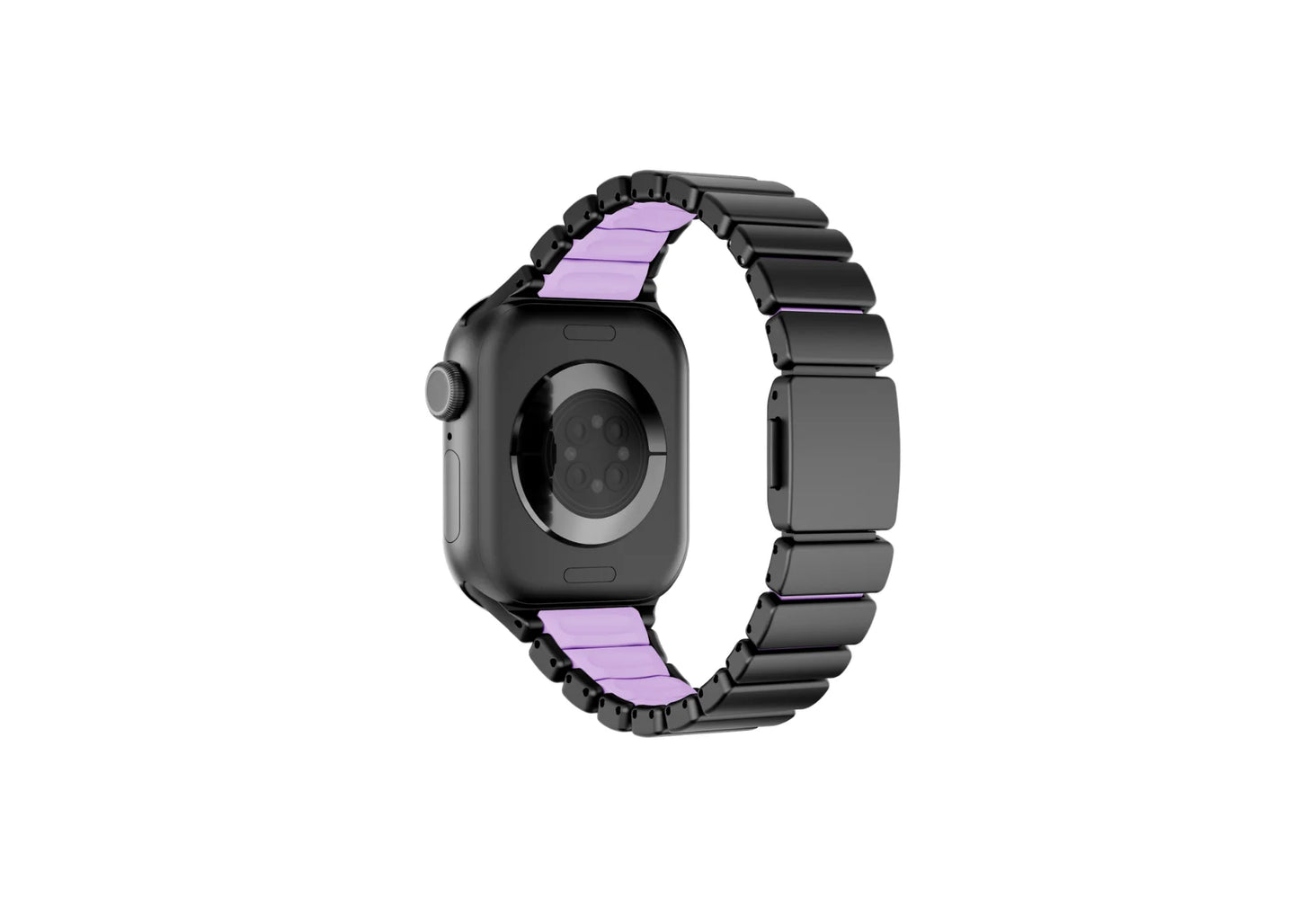 Exterior view of the black and purple Fusion Apple Watch band featuring premium stainless steel links with an elegant matte black finish and butterfly deployment clasp for women, compatible with Apple Watch Ultra and Series 11.