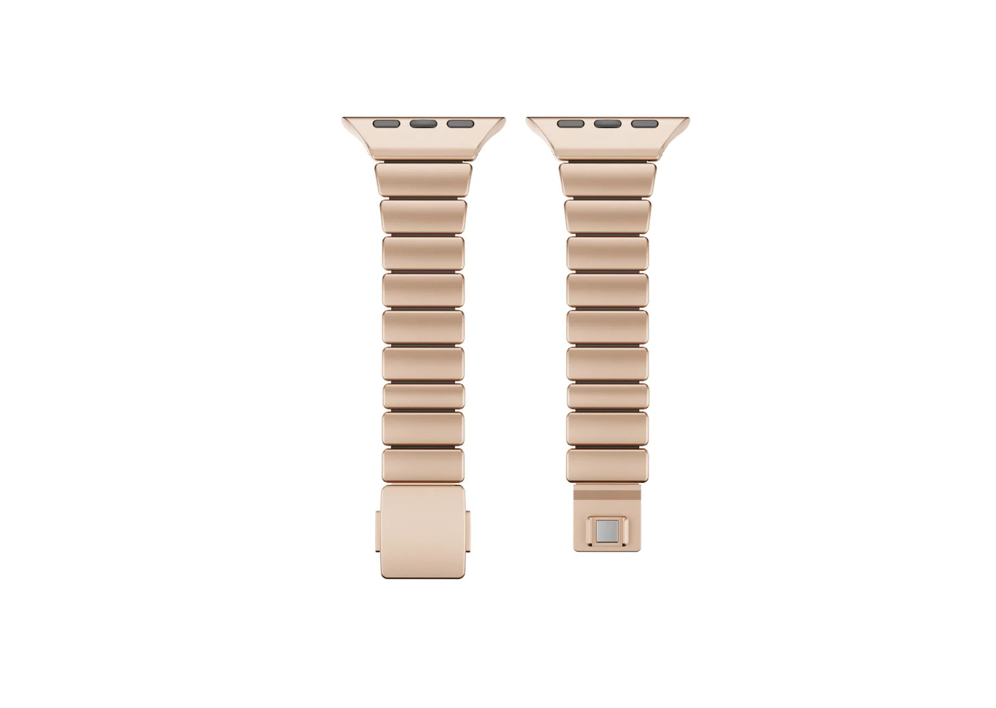 Luxury gold stainless steel Apple Watch band with black silicone inner lining shown partially open, highlighting flexible construction and secure butterfly clasp for Apple Watch Ultra 3, Series 11 and Apple Watch SE.