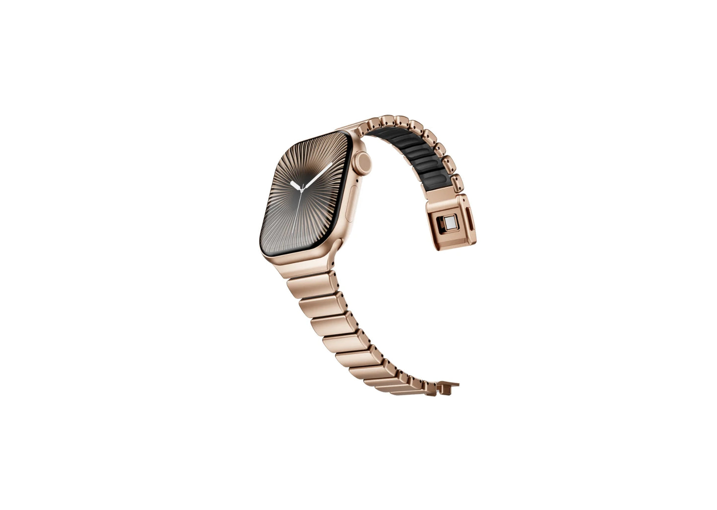 Close-up of the premium butterfly deployment clasp on the gold stainless steel Apple Watch strap featuring precision locking mechanism, elegant gold finish and durable stainless steel construction.