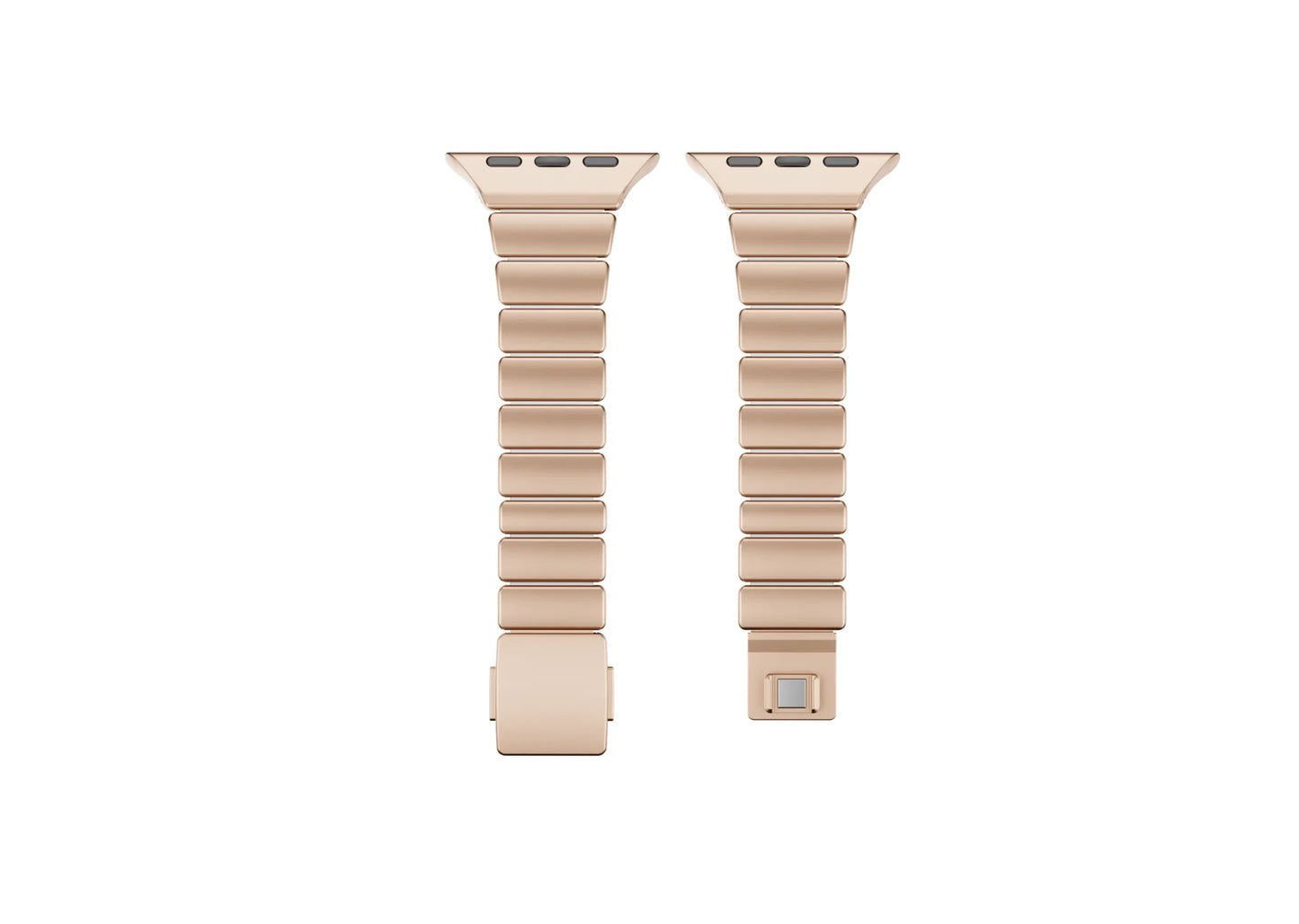 Luxury gold stainless steel Apple Watch band with ivory silicone inner lining shown partially open, highlighting flexible construction and secure butterfly clasp for Apple Watch Ultra 3, Series 11 and Apple Watch SE.