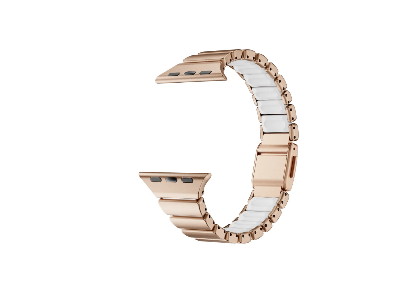 Front view of the gold and ivory Fusion stainless steel Apple Watch strap featuring elegant rose gold metal links and feminine styling, compatible with Apple Watch Ultra 3, Ultra 2, Series 11, Series 10 and Apple Watch SE.