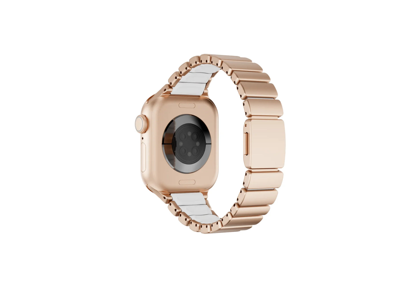 Rear view of the gold Fusion Apple Watch strap showcasing premium stainless steel construction, soft ivory silicone comfort lining and secure butterfly clasp for Apple Watch Ultra 3, Series 11 and Apple Watch SE.