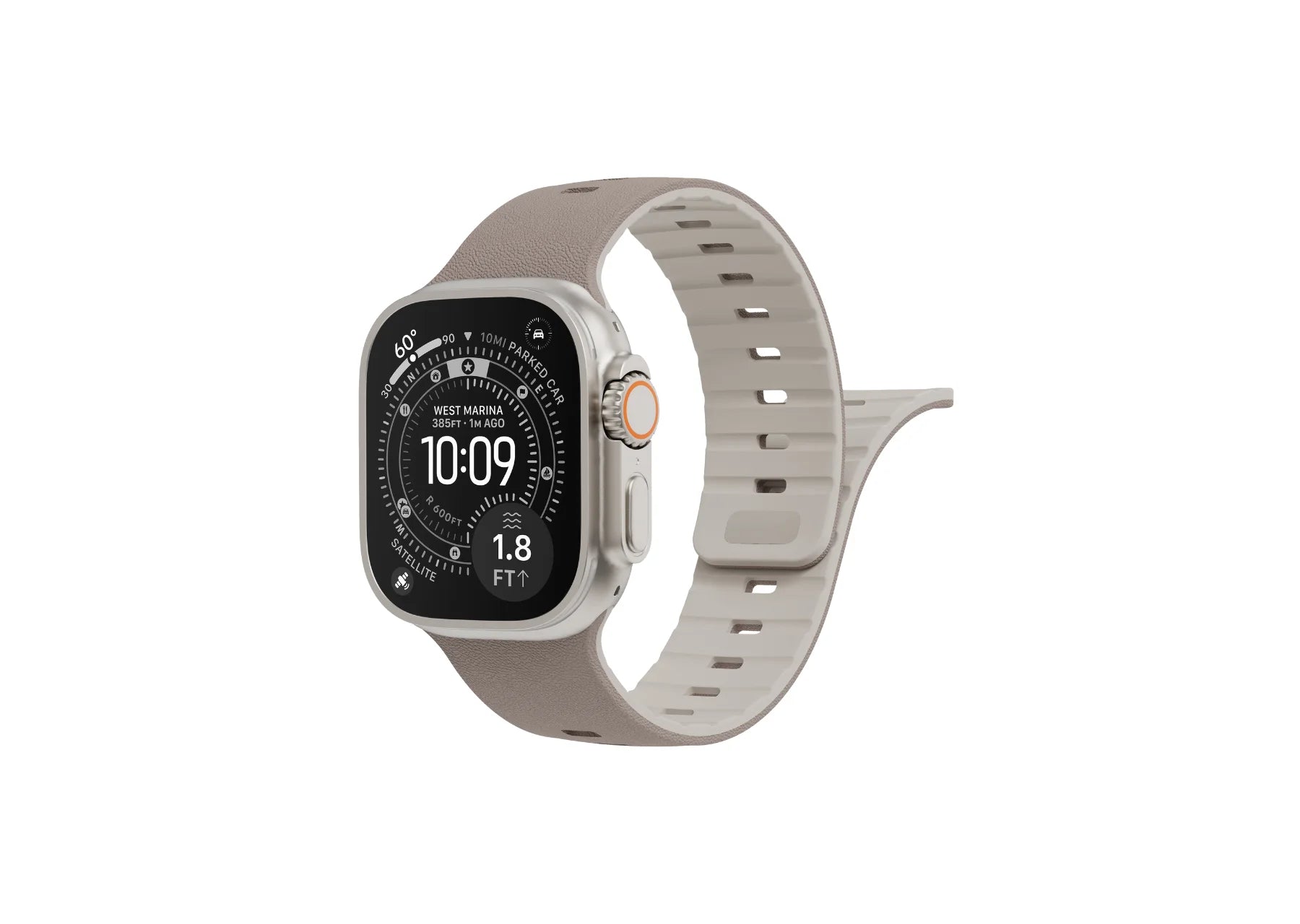 Apple Watch Ultra with Misty Grey & Starlight leather-textured silicone band shown from a front angle