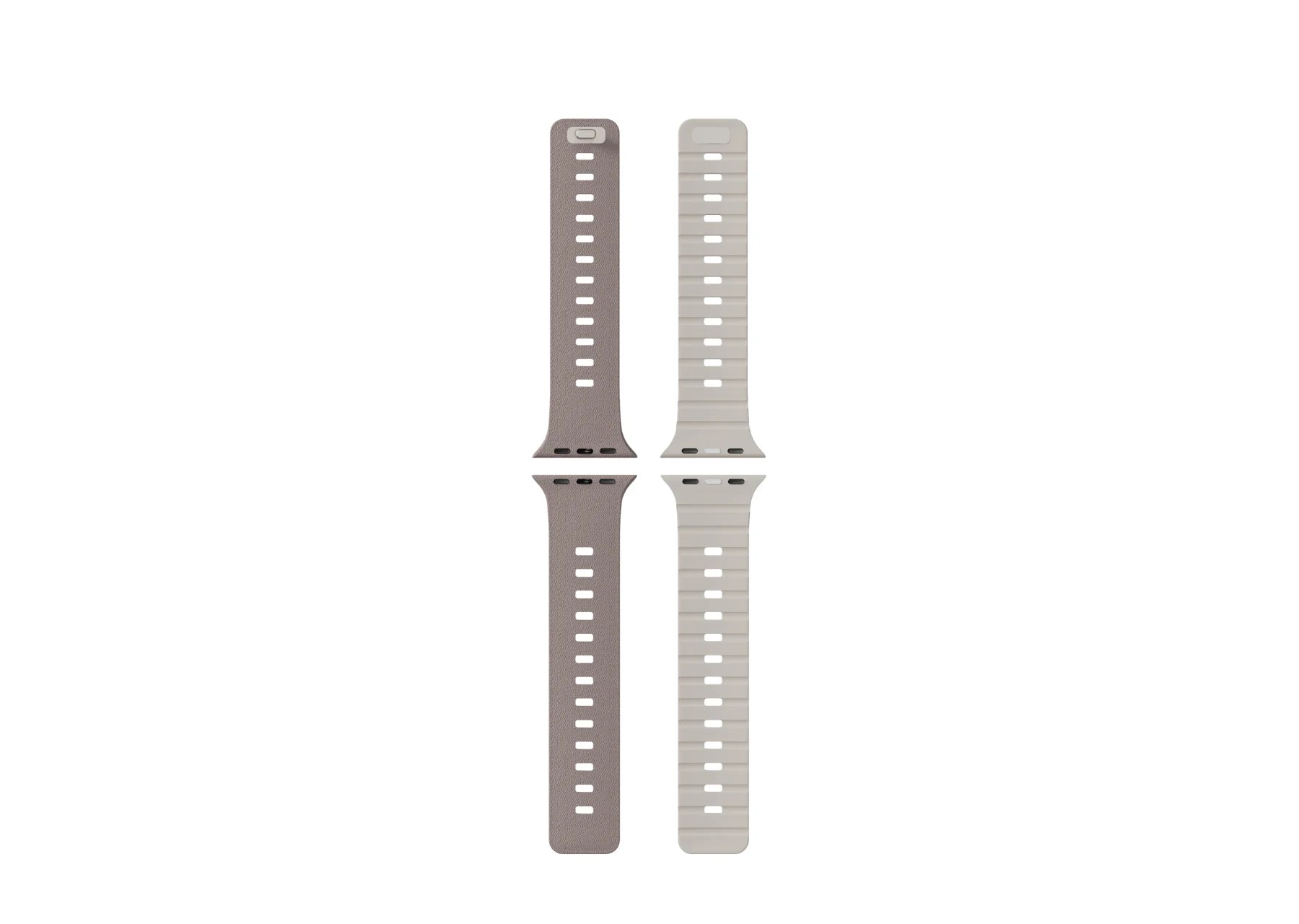 Misty Grey & Starlight Apple Watch strap showing the magnetic closure, adjustment holes and Starlight inner surface