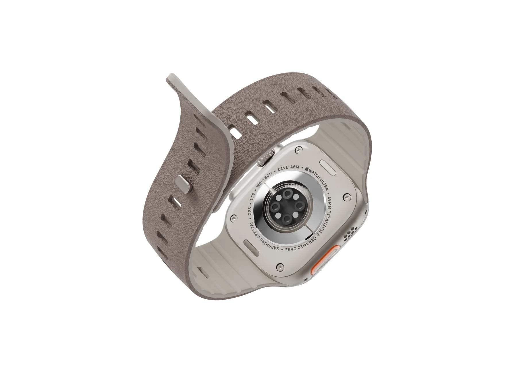 Apple Watch Ultra with Misty Grey & Starlight textured silicone strap shown from the rear at an angle