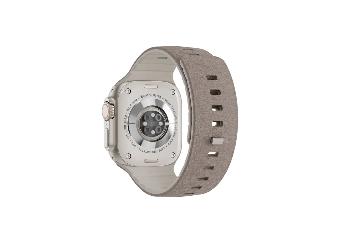 Misty Grey & Starlight Apple Watch strap shown from the rear with textured silicone exterior and Starlight inner lining
