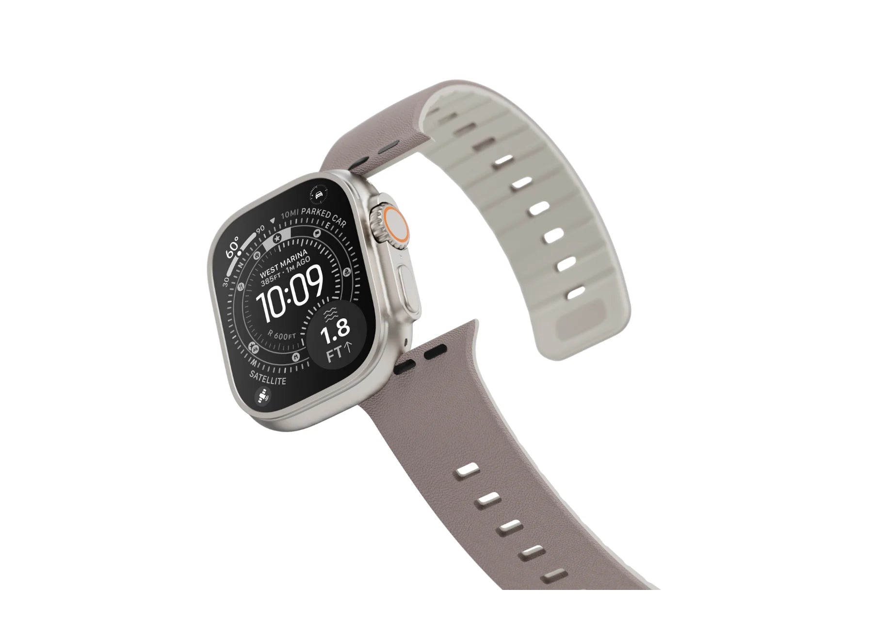 Apple Watch Ultra with Misty Grey & Starlight magnetic silicone strap shown from an angled side view